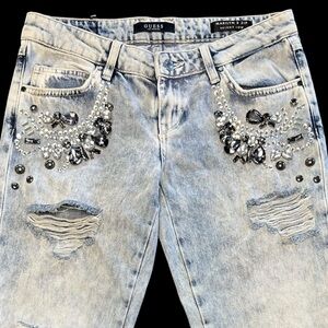 Guess light wash bling rhinestone studded distressed glam edgy chic jeans NWT 26